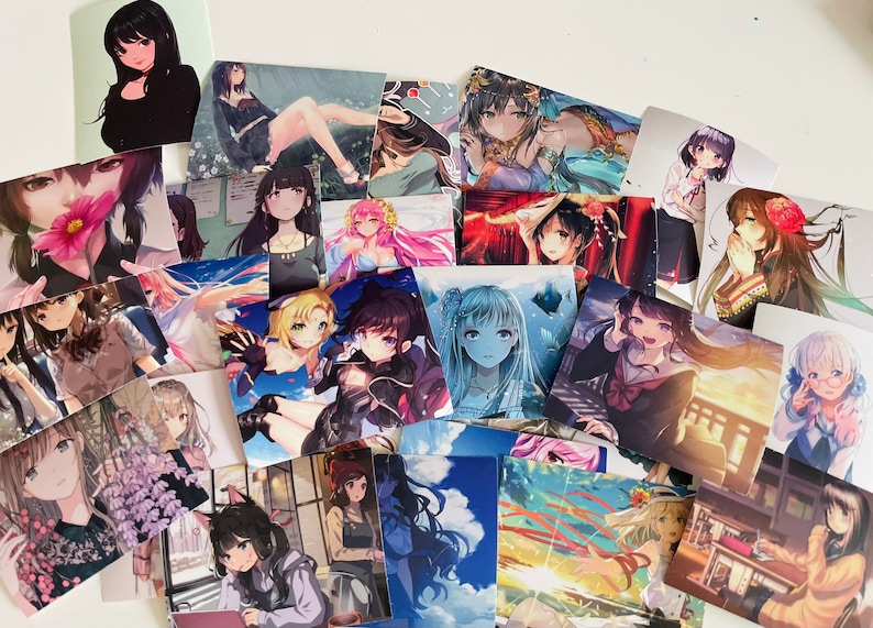 May include: A collection of anime character stickers featuring various characters with different hairstyles, clothing, and poses. The stickers are printed on white paper and have a glossy finish.