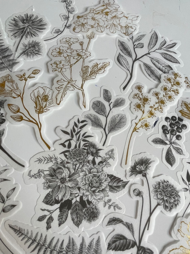 10 Black and White Gold Flower Sticker Pack | Paper Stickers, Gold ...