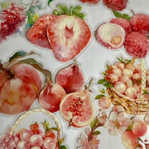 Set di adesivi di frutta mista, adesivi di bacche, adesivi di frutta, adesivi di fragole, adesivi di frutti di bosco, prugna, mela, lampone, albicocca, fiori