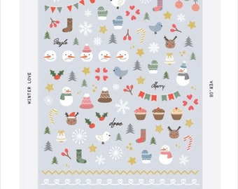 Suetelier “winter love” sticker sheet / Christmas stickers / happiness stickers, holidays, journal stickers, snow, nail stickers/ snowman