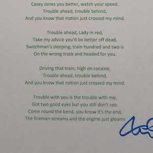 Tom Constanten Signed Typed Lyrics To Casey Jones By The Grateful Dead JSA COA