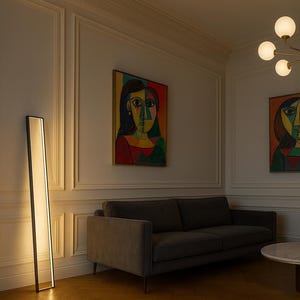 Elegant floor lamp with soft warm light, ideal for minimalist bathrooms. Paired with wood and greenery, this handcrafted lighting piece enhances natural textures.