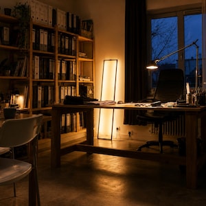 Op de afbeelding: Een thuiskantoor met een houten bureau, stoel en boekenkasten. Een lange, rechthoekige lamp en een bureaulamp zorgen voor warme verlichting. De kamer heeft een raam met uitzicht op een donkere, met bomen omzoomde lucht.