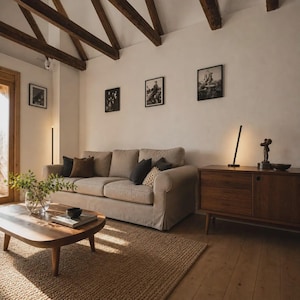Bright rustic living room with wooden beams, beige sofa, natural textures and handcrafted minimalist lamps by Tommaso Cristofaro creating warm atmospheric light.