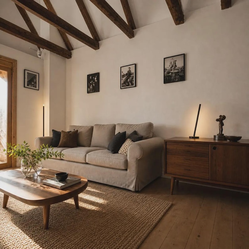 Bright rustic living room with wooden beams, beige sofa, natural textures and handcrafted minimalist lamps by Tommaso Cristofaro creating warm atmospheric light.