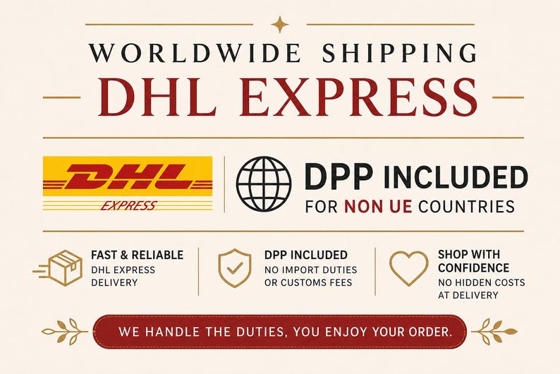 Pode incluir: Gr&aacute;fico creme com texto que promove o envio mundial via DHL Express. Inclui o logotipo da DHL, um &iacute;cone de globo e texto sobre taxas e impostos alfandeg&aacute;rios. A faixa inferior diz: "N&oacute;s tratamos dos impostos, voc&ecirc; aproveita seu pedido."