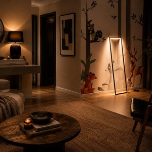 Pode incluir: Uma sala de estar com pouca luz com uma moderna lumin&aacute;ria de ch&atilde;o, uma mesa de centro redonda de madeira e um sof&aacute;. As paredes apresentam um mural de floresta caprichoso com animais geom&eacute;tricos. Um espelho com moldura preta e uma lumin&aacute;ria de mesa completam o ambiente.