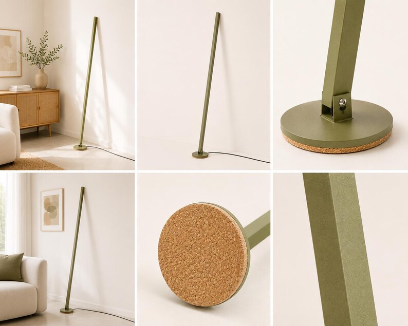 Puede incluir: L&aacute;mpara de pie verde oliva con un dise&ntilde;o minimalista. La l&aacute;mpara presenta un poste delgado y rectangular que se inclina ligeramente, sujeto a una base redonda con fondo de corcho. Un cable de alimentaci&oacute;n negro se extiende desde la base. La l&aacute;mpara se muestra en un sal&oacute;n moderno.