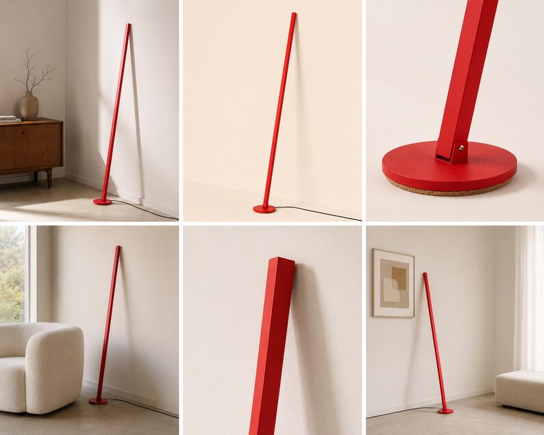 Puede incluir: Una l&aacute;mpara de pie roja y alta con un dise&ntilde;o minimalista. La l&aacute;mpara tiene un poste delgado y rectangular que se apoya en una pared, con una base circular. La l&aacute;mpara es de metal y tiene un acabado mate. La l&aacute;mpara mide aproximadamente 178 cm de altura.