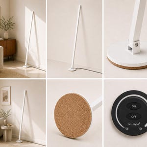 Puede incluir: Una l&aacute;mpara de pie blanca moderna con un dise&ntilde;o minimalista. La l&aacute;mpara tiene un cuerpo delgado y rectangular y una base circular con fondo de corcho. Tambi&eacute;n se ve un mando a distancia negro con botones "ON" y "OFF".