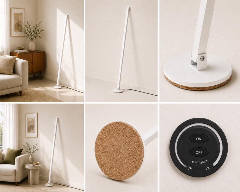 Puede incluir: Una l&aacute;mpara de pie blanca moderna con un dise&ntilde;o minimalista. La l&aacute;mpara tiene un cuerpo delgado y rectangular y una base circular con fondo de corcho. Tambi&eacute;n se ve un mando a distancia negro con botones "ON" y "OFF".