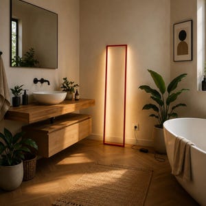 Op de afbeelding: Een moderne badkamer met een rood omkaderde, rechthoekige vloerlamp die warm licht uitstraalt. De kamer heeft een houten wastafel met een witte wastafel, een bad en potplanten. De vloer is van hout.