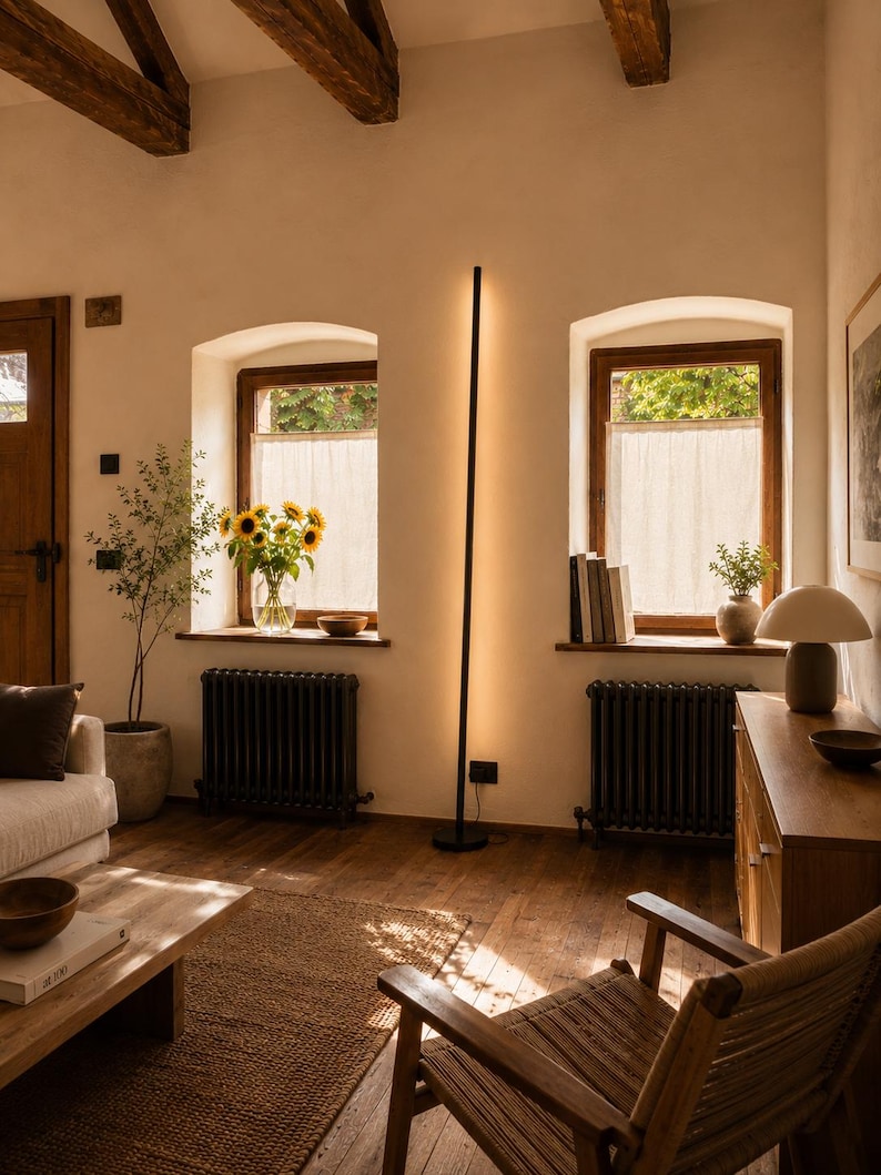 Bright rustic living room with wooden beams, beige sofa, natural textures and handcrafted minimalist lamps by Tommaso Cristofaro creating warm atmospheric light.