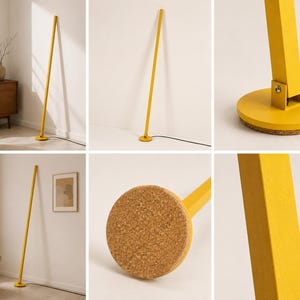 Puede incluir: L&aacute;mpara de pie amarilla moderna con un dise&ntilde;o minimalista. La l&aacute;mpara presenta un poste largo y recto y una base redonda con fondo de corcho. La l&aacute;mpara est&aacute; enchufada a una toma de corriente con un cable negro. La l&aacute;mpara mide unos 152 cm de alto.