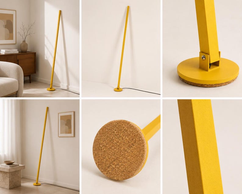 Puede incluir: L&aacute;mpara de pie amarilla moderna con un dise&ntilde;o minimalista. La l&aacute;mpara presenta un poste largo y recto y una base redonda con fondo de corcho. La l&aacute;mpara est&aacute; enchufada a una toma de corriente con un cable negro. La l&aacute;mpara mide unos 152 cm de alto.