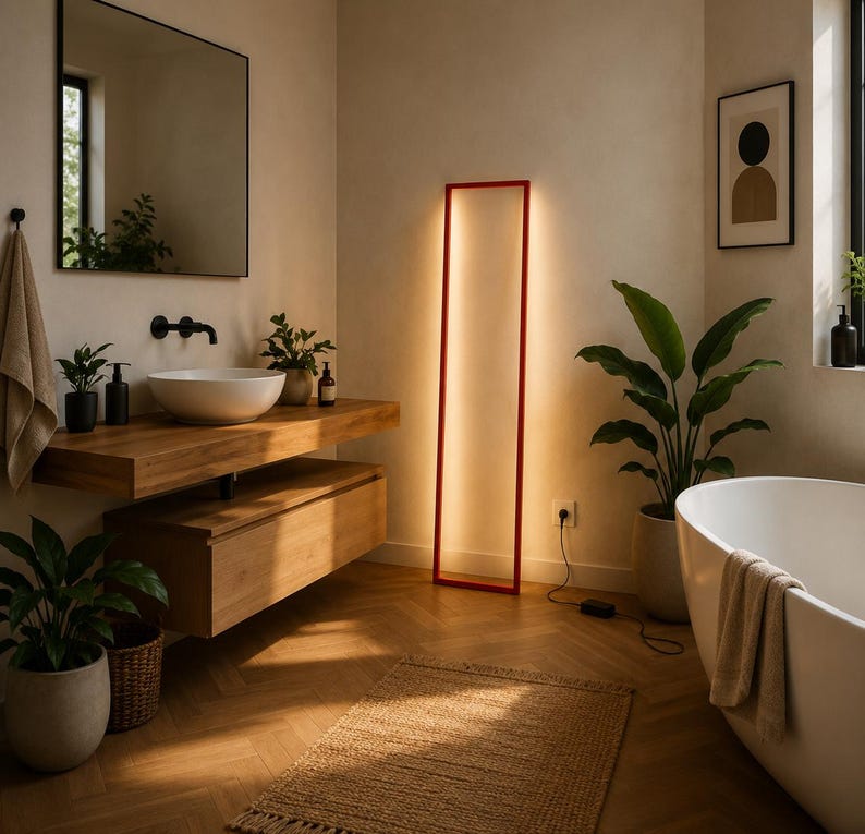 Pode incluir: Uma casa de banho moderna com uma lumin&aacute;ria de ch&atilde;o retangular com moldura vermelha que emite luz quente. O quarto apresenta uma vaidade de madeira com uma pia branca, uma banheira e plantas em vasos. O ch&atilde;o &eacute; de madeira.