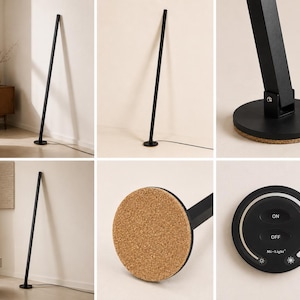 Puede incluir: Una l&aacute;mpara de pie negra y minimalista con un dise&ntilde;o vertical y delgado. La l&aacute;mpara tiene una base circular y una base de corcho. La l&aacute;mpara est&aacute; conectada a una fuente de alimentaci&oacute;n por un cable negro. Se incluye un mando a distancia con botones "ON" y "OFF".
