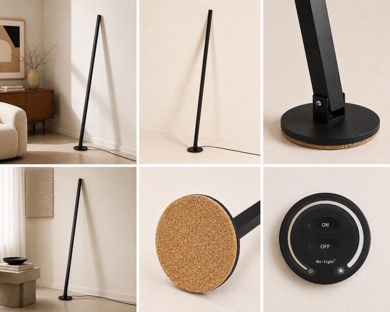 Puede incluir: Una l&aacute;mpara de pie negra y minimalista con un dise&ntilde;o vertical y delgado. La l&aacute;mpara tiene una base circular y una base de corcho. La l&aacute;mpara est&aacute; conectada a una fuente de alimentaci&oacute;n por un cable negro. Se incluye un mando a distancia con botones "ON" y "OFF".