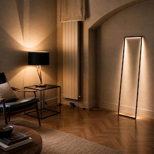 Op de afbeelding: Een moderne woonkamer met een zwarte vloerlamp en een tafellamp. De vloerlamp heeft een rechthoekig frame met helder licht. De tafellamp heeft een zwarte kap en een gouden voet. Een zwarte stoel en een houten tafel zijn ook in de kamer aanwezig.