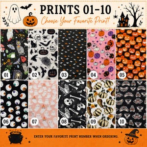 May include: A digital display featuring ten distinct Halloween-themed fabric patterns labeled 01 through 10. The designs include motifs such as ghosts, pumpkins, skulls, spiders, bats, eyeballs, bones, and moths on black, pink, and orange backgrounds.