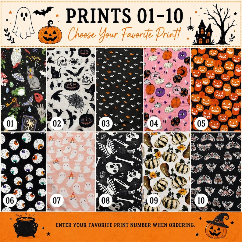 May include: A digital display featuring ten distinct Halloween-themed fabric patterns labeled 01 through 10. The designs include motifs such as ghosts, pumpkins, skulls, spiders, bats, eyeballs, bones, and moths on black, pink, and orange backgrounds.