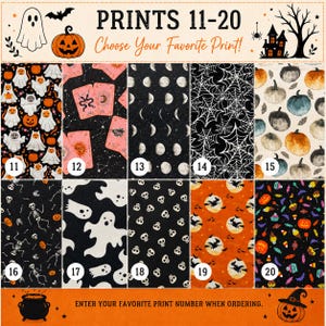 May include: A collection of ten Halloween-themed fabric patterns labeled 11 through 20, featuring ghosts, pumpkins, tarot cards, moon phases, spider webs, skeletons, skulls, witches on broomsticks, and candy on black, orange, and cream backgrounds.