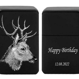 Aansteker voor jagers gepersonaliseerde verjaardagscadeau foto / tekst, geschenkdoos / benzine metalen aansteker toewijding, derr, zwart korhoen, patrijs