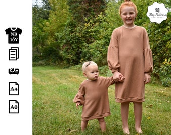 Puff sleeve dolman sweatshirt/dress PDF sewing pattern - Size 0 - 10 years - Girl winter top - Girl winter dress pattern