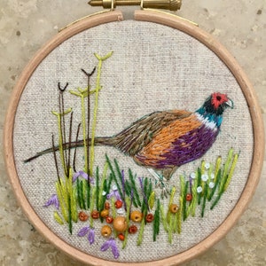 Pode incluir: Arte de bordado em forma de aro que apresenta um faisão colorido em pé em um campo de grama verde com flores roxas, brancas e laranja. O faisão tem penas marrons, laranja, roxas e azuis.