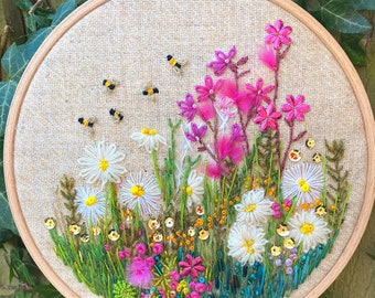 Red Campion and Daisies Embroidery Kit