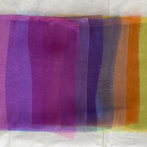 Può includere: Una collezione di campioni di tessuto trasparente in varie tonalità di viola, blu, arancione e verde. Il tessuto è disposto in una fila orizzontale, con la tonalità più chiara a sinistra e la tonalità più scura a destra.