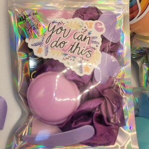 May include: A clear plastic bag filled with purple and pink items. The bag contains a purple satin scrunchie, a pink round compact, a purple nail file, and a sticker that says "You've got great taste" and another sticker that says "You can do this".