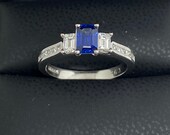 Natural sapphire & natural diamond emerald cut three stone diamond princess cut shoulders engagement ring 18ct white gold made to order