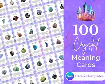 May include: 100 Crystal Meaning Cards, a set of printable cards featuring illustrations of different crystals and their meanings. The cards are designed with a white background and black text, and feature a decorative border. The cards are displayed on a purple background with a large crystal illustration.