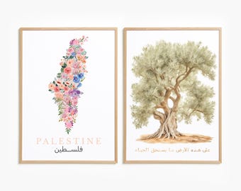 May include: Two framed prints, one with a floral design in the shape of Palestine and the text "PALESTINE" and "فلسطين" in pink, the other with a watercolor painting of an olive tree and the text "على هذه الأرض ما يستحق الحياة" in pink.