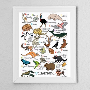 Ponto cruz do alfabeto de animais australianos