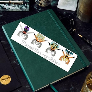 Puede incluir: Una pegatina con cinco arañas saltarinas de colores sobre un fondo blanco. El texto "Peacock Jumping Spiders" está escrito en cursiva debajo de las arañas.