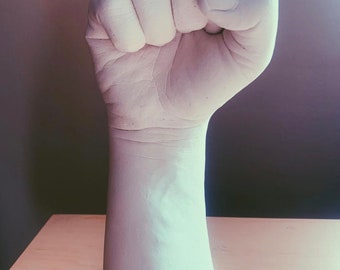 May include: A white plaster cast of a hand making a fist.