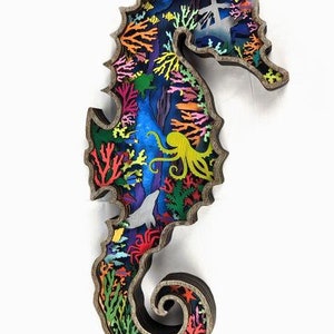 FREE SHIPPING | 7 Layer, Laser Cut, and Hand Painted Wooden Seahorse Home Art Décor |