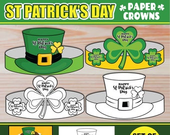 St Patrick’s Day Paper Crowns for Kids | Leprechaun Hat Paper Crown Headband | Craft Activity Party Favors | + Coloring Versions | Printable