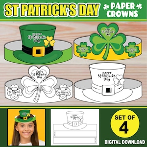 Pode incluir: Conjunto de quatro coroas de papel imprimíveis para o Dia de São Patrício. Duas coroas apresentam um chapéu verde de duende com um trevo e o texto "Feliz Dia de São Patrício". Duas coroas apresentam um trevo com o texto "Feliz Dia de São Patrício".