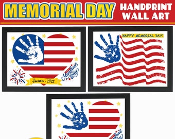 May include: Three printable designs for Memorial Day featuring handprints in the shape of a heart and a waving American flag. The designs include the text "Memorial Day" and "Happy Memorial Day!" and space for a name and year.