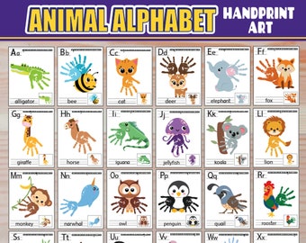 Animal Alphabet Handprint Art Craft |A-Z ABC Alphabet Handprint Craft Phonic Book Baby Toddler Nursery Preschool |My Handprint Alphabet Book