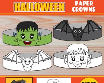 May include: A set of four printable Halloween paper crowns. The crowns feature a Frankenstein, a bat, and two different bat designs. The crowns are black and white and can be colored in. The text "Set of 4" and "Digital Download" is included in the image.
