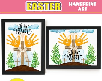Easter Handprint Art Craft | Cross He Is Risen Religious Handprint PRINTABLE | Sunday School Activity Craft | Baby Toddler Preschool Daycare