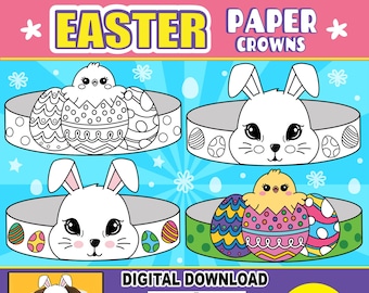 May include: Set of four printable Easter paper crowns featuring bunny and chick designs with egg patterns. The crowns are black and white and ready to be colored. Digital download. Set of 4.