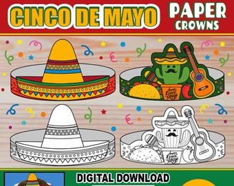 Cinco de Mayo Paper Crowns for Kids | Fiesta Paper Hat Headbands | Craft Activity Party Favors | With Coloring Versions | Sombrero + Cactus