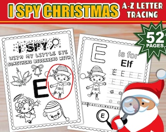 Noël j'espionne de A à Z | IMPRIMABLE | Traçage et coloriage de lettres | Jeux d'activités de Noël | Feuilles de travail sur les sons de début | Écriture