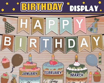 May include: A colourful birthday display with a banner that reads "Happy Birthday". The display features three tiered cakes with different coloured frosting and candles. Each tier of the cake has a number and a name, such as "5 Marcus", "1 Jessy", and "14 Mrs Smith".