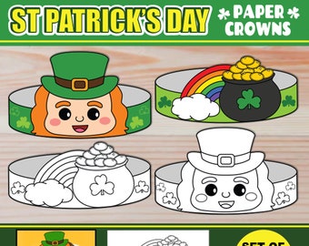 St Patrick’s Day Paper Crowns for Kids | DIY Paper Hat Headbands | Craft Activity and Party Favors | Coloring Version Included | Printable